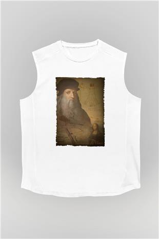 Leonardo da Vinci Baskılı Unisex Kolsuz Beyaz Tişört - Tshirt