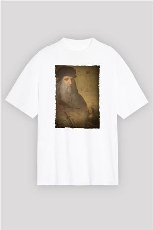 Leonardo da Vinci Baskılı Unisex Oversize Beyaz Tişört - Tshirt