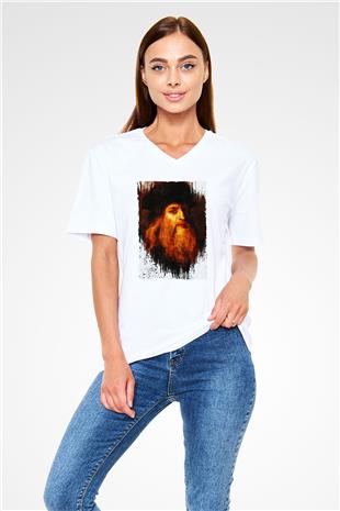 Leonardo da Vinci Portre Baskılı Unisex V Yaka Beyaz Tişört - Tshirt