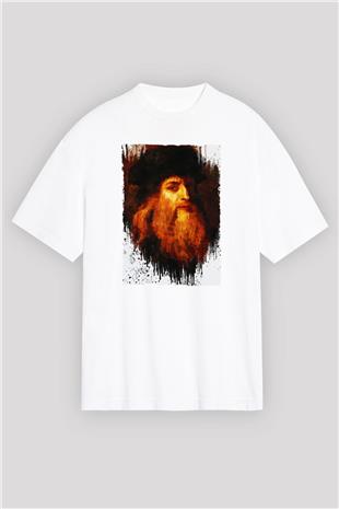 Leonardo da Vinci Portre Baskılı Unisex Oversize Beyaz Tişört - Tshirt