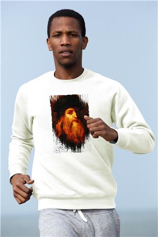 Leonardo da Vinci Portre Baskılı Unisex Ekru Sweatshirt