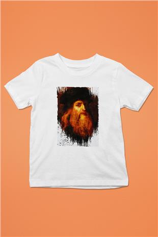 Leonardo da Vinci Portre Baskılı Unisex Beyaz Çocuk Tişörtü - Tshirt