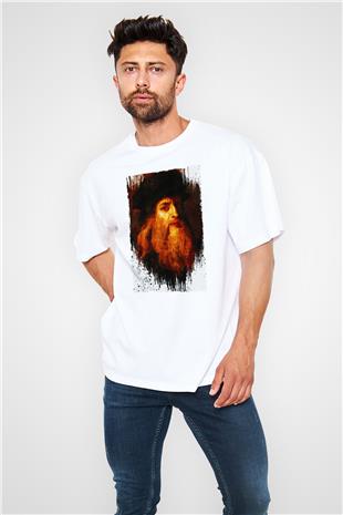Leonardo da Vinci Portre Baskılı Unisex Oversize Beyaz Tişört - Tshirt