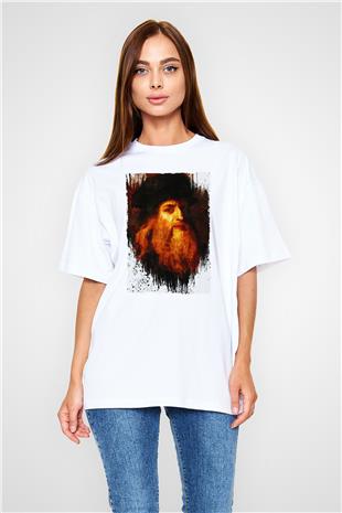 Leonardo da Vinci Portre Baskılı Unisex Oversize Beyaz Tişört - Tshirt
