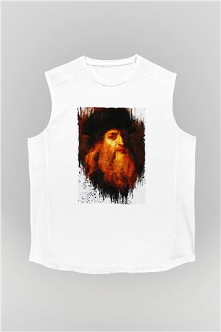 Leonardo da Vinci Portre Baskılı Unisex Kolsuz Beyaz Tişört - Tshirt