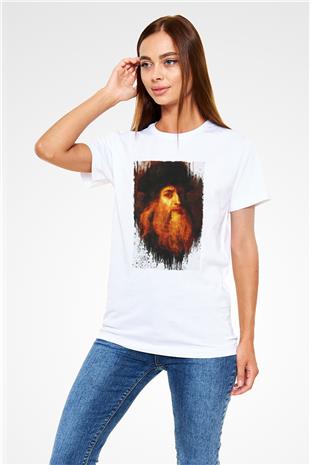 Leonardo da Vinci Portre Baskılı Unisex Beyaz Tişört - Tshirt