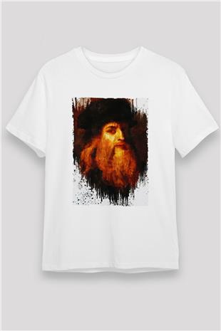 Leonardo da Vinci Portre Baskılı Unisex Beyaz Tişört - Tshirt