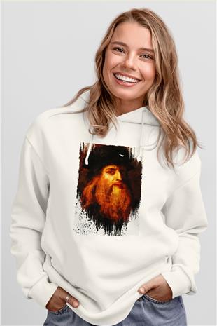 Leonardo da Vinci Portre Baskılı Unisex Ekru Hoodie