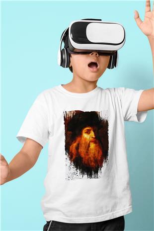 Leonardo da Vinci Portre Baskılı Unisex Beyaz Çocuk Tişörtü - Tshirt