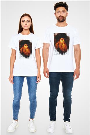 Leonardo da Vinci Portre Baskılı Unisex Beyaz Tişört - Tshirt