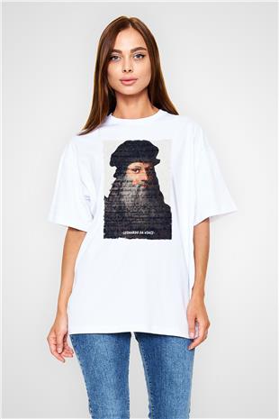 Leonardo Da Vinci Yazılı Portre Baskılı Unisex Oversize Beyaz Tişört - Tshirt