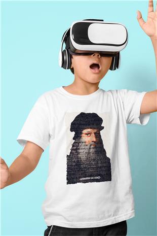 Leonardo Da Vinci Yazılı Portre Baskılı Unisex Beyaz Çocuk Tişörtü - Tshirt