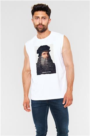 Leonardo Da Vinci Yazılı Portre Baskılı Unisex Kolsuz Beyaz Tişört - Tshirt