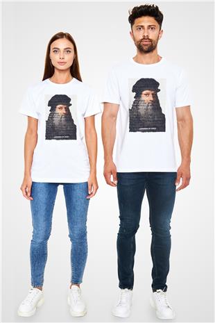 Leonardo Da Vinci Yazılı Portre Baskılı Unisex Beyaz Tişört - Tshirt