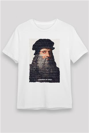 Leonardo Da Vinci Yazılı Portre Baskılı Unisex Beyaz Tişört - Tshirt