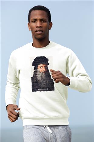 Leonardo Da Vinci Yazılı Portre Baskılı Unisex Ekru Sweatshirt