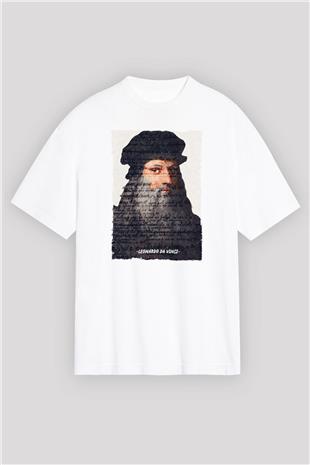 Leonardo Da Vinci Yazılı Portre Baskılı Unisex Oversize Beyaz Tişört - Tshirt