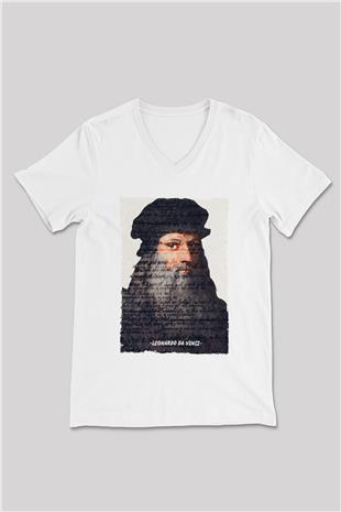 Leonardo Da Vinci Yazılı Portre Baskılı Unisex V Yaka Beyaz Tişört - Tshirt