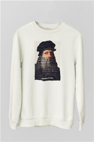 Leonardo Da Vinci Yazılı Portre Baskılı Unisex Ekru Sweatshirt