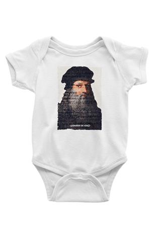 Leonardo Da Vinci Yazılı Portre Baskılı Beyaz Bebek Body - Zıbın