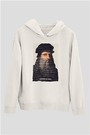 Leonardo Da Vinci Yazılı Portre Baskılı Unisex Ekru Hoodie