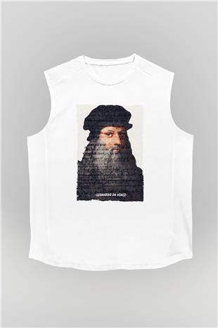 Leonardo Da Vinci Yazılı Portre Baskılı Unisex Kolsuz Beyaz Tişört - Tshirt
