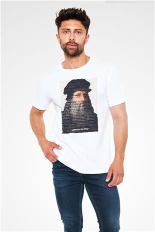 Leonardo Da Vinci Yazılı Portre Baskılı Unisex Beyaz Tişört - Tshirt