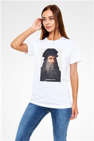 Leonardo Da Vinci Yazılı Portre Baskılı Unisex Beyaz Tişört - Tshirt