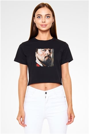 Leonardo DiCaprio Baskılı Siyah Kadın Crop Top Tişört