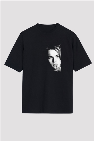 Leonardo DiCaprio Baskılı Unisex Siyah Oversize Tişört
