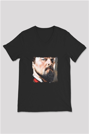 Leonardo DiCaprio Baskılı Unisex Siyah V Yaka Tişört