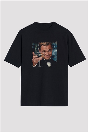 Leonardo DiCaprio Baskılı Unisex Siyah Oversize Tişört