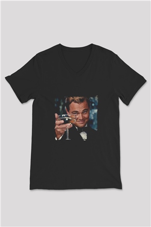 Leonardo DiCaprio Baskılı Unisex Siyah V Yaka Tişört