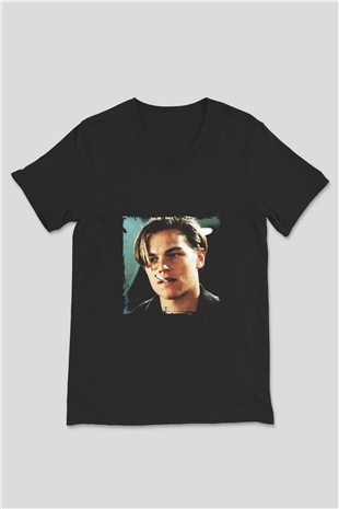 Leonardo DiCaprio Baskılı Unisex Siyah V Yaka Tişört