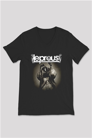 Leprous Baskılı Unisex Siyah V Yaka Tişört - Tshirt