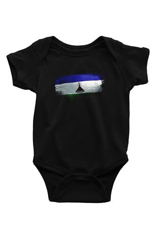 Lesotho Bayrağı Baskılı Unisex Siyah Bebek Body - Zıbın