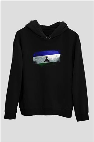 Lesotho Bayrağı Baskılı Unisex Siyah Kapüşonlu Sweatshirt
