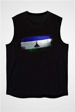 Lesotho Bayrağı Baskılı Unisex Siyah Kolsuz Tişört
