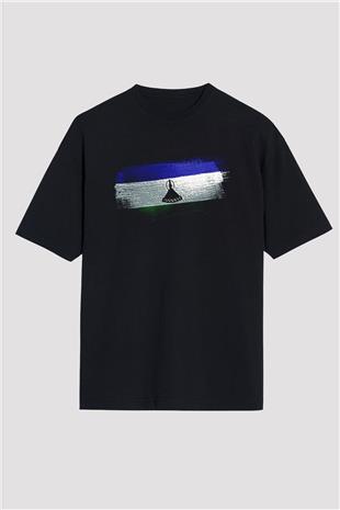 Lesotho Bayrağı Baskılı Unisex Siyah Oversize Tişört