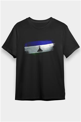 Lesotho Bayrağı Baskılı Unisex Siyah Tişört