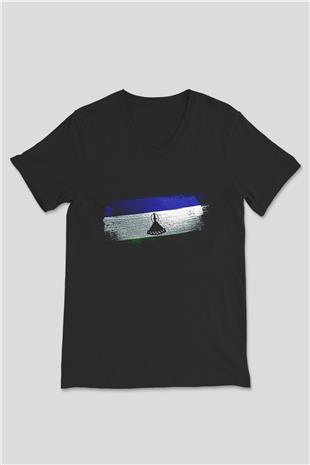 Lesotho Bayrağı Baskılı Unisex Siyah V Yaka Tişört