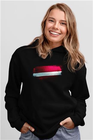 Letonya - Latvia Bayrağı Baskılı Unisex Siyah Kapüşonlu Sweatshirt