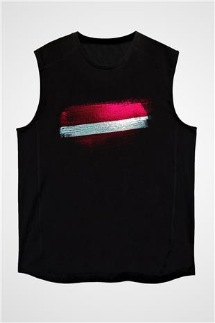 Letonya - Latvia Bayrağı Baskılı Unisex Siyah Kolsuz Tişört