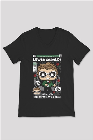 Lewis Capaldi Baskılı Unisex Siyah V Yaka Tişört