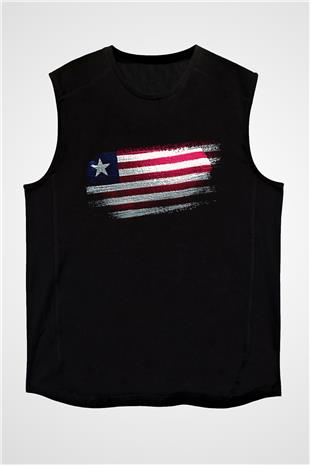 Liberya - Liberia Bayrağı Baskılı Unisex Siyah Kolsuz Tişört