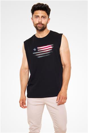 Liberya - Liberia Bayrağı Baskılı Unisex Siyah Kolsuz Tişört