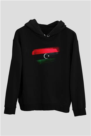 Libya Bayrağı Baskılı Unisex Siyah Kapüşonlu Sweatshirt