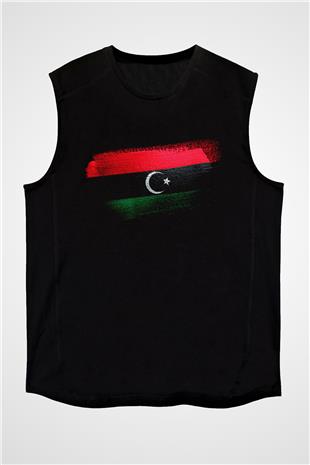 Libya Bayrağı Baskılı Unisex Siyah Kolsuz Tişört