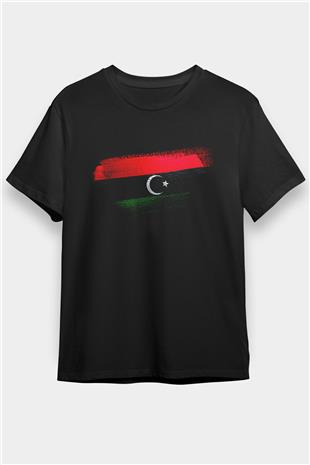 Libya Bayrağı Baskılı Unisex Siyah Tişört