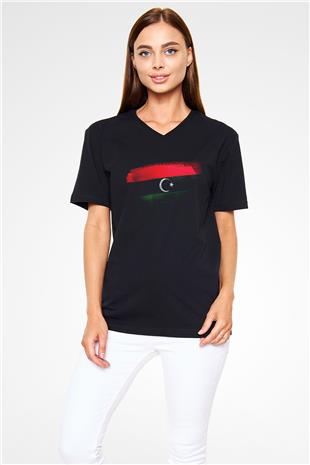 Libya Bayrağı Baskılı Unisex Siyah V Yaka Tişört